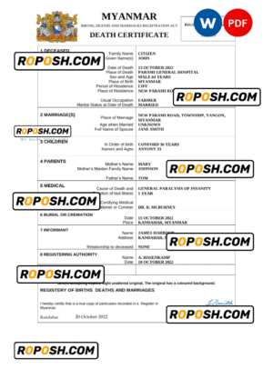 Myanmar death certificate Word and PDF template, completely editable