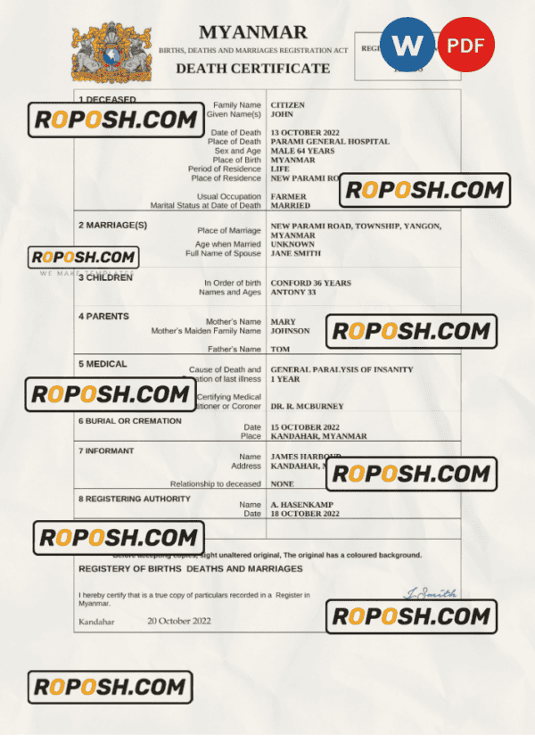 Myanmar death certificate Word and PDF template, completely editable