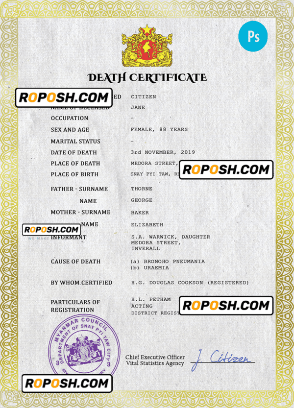 Myanmar death certificate PSD template, completely editable