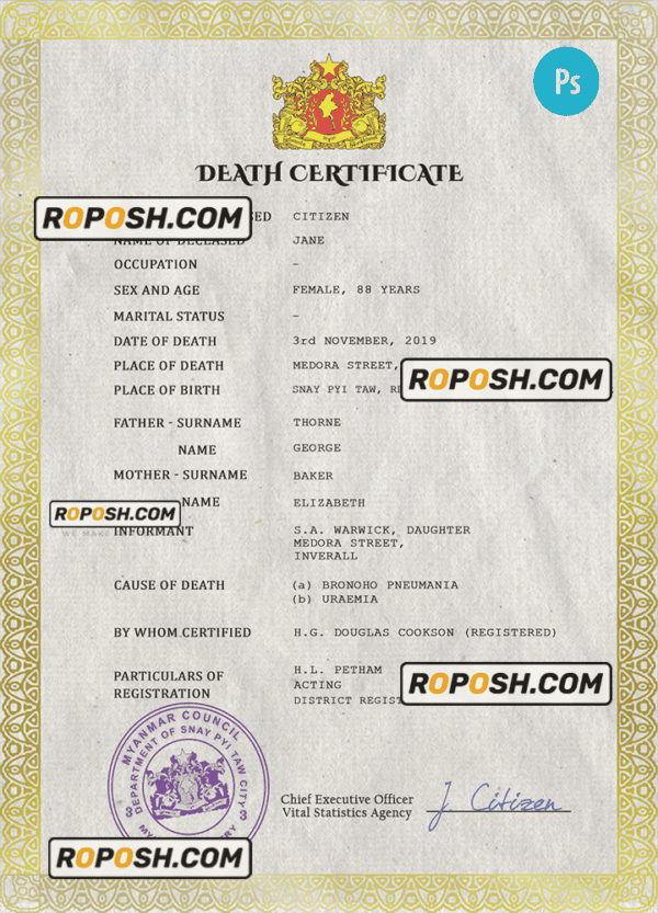 Myanmar death certificate PSD template, completely editable