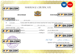 Myanmar marriage certificate Word and PDF template, completely editable
