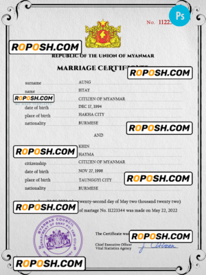 Myanmar marriage certificate PSD template, fully editable