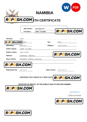 Namibia birth certificate Word and PDF template, completely editable