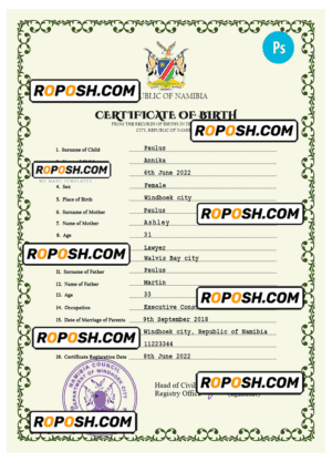 Namibia vital record birth certificate PSD template, fully editable
