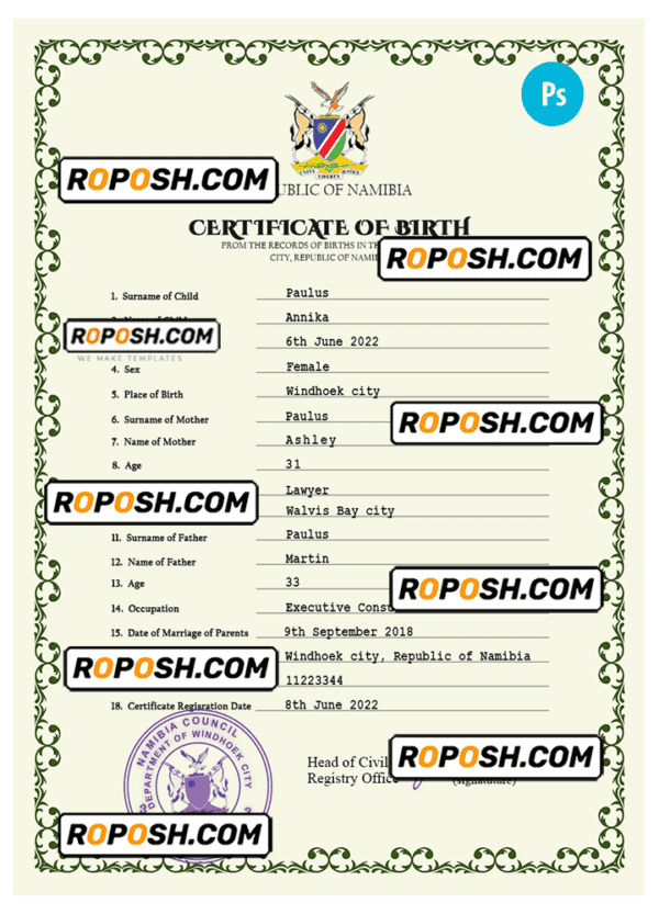 Namibia vital record birth certificate PSD template, fully editable
