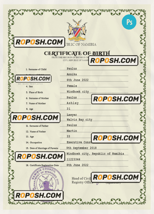 Namibia vital record birth certificate PSD template, fully editable