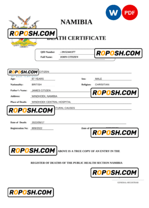 Namibia vital record death certificate Word and PDF template