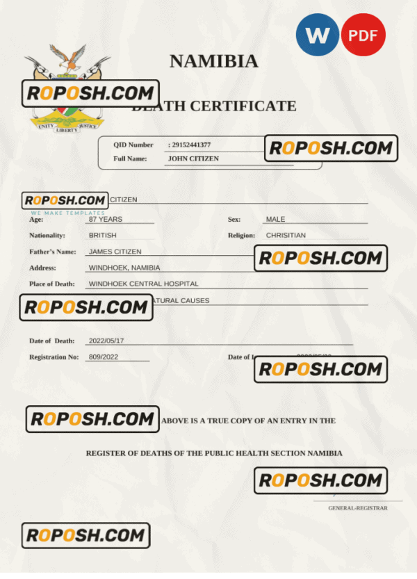 Namibia vital record death certificate Word and PDF template