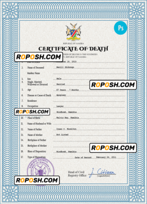 Namibia vital record death certificate PSD template