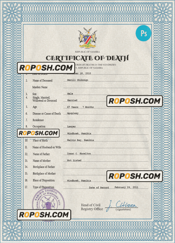 Namibia vital record death certificate PSD template
