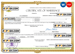 Namibia marriage certificate Word and PDF template, fully editable