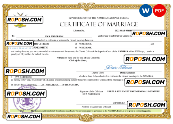 Namibia marriage certificate Word and PDF template, fully editable