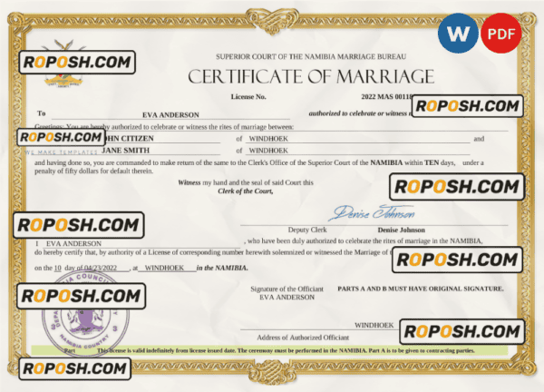 Namibia marriage certificate Word and PDF template, fully editable