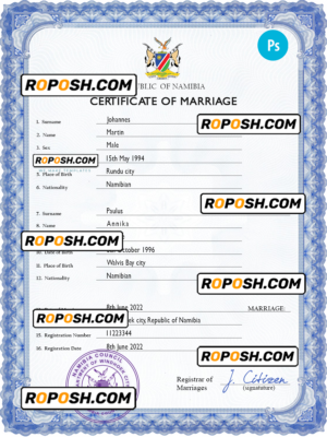 Namibia marriage certificate PSD template, completely editable