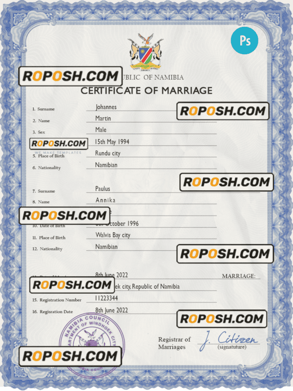 Namibia marriage certificate PSD template, completely editable