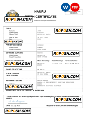 Nauru vital record birth certificate Word and PDF template, completely editable