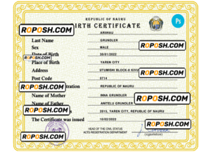 Nauru birth certificate PSD template, completely editable