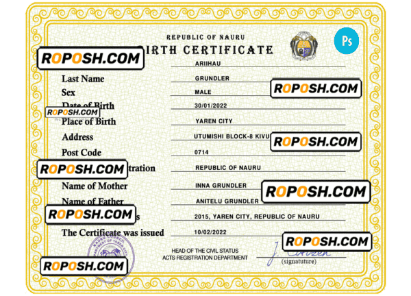 Nauru birth certificate PSD template, completely editable