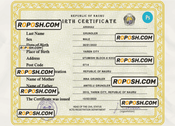 Nauru birth certificate PSD template, completely editable