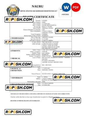 Nauru death certificate Word and PDF template, completely editable