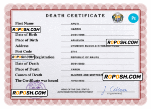 Nauru vital record death certificate PSD template, fully editable