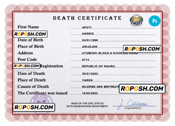 Nauru vital record death certificate PSD template, fully editable