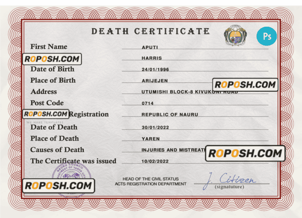 Nauru vital record death certificate PSD template, fully editable