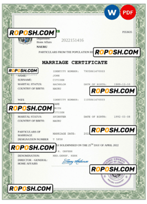 Nauru marriage certificate Word and PDF template, completely editable