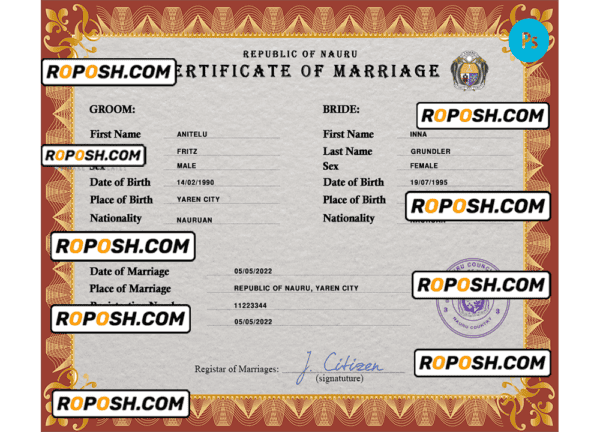 Nauru marriage certificate PSD template, fully editable
