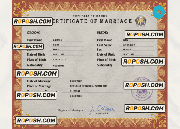 Nauru marriage certificate PSD template, fully editable
