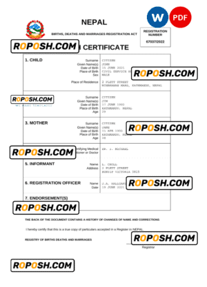 Nepal birth certificate Word and PDF template, completely editable