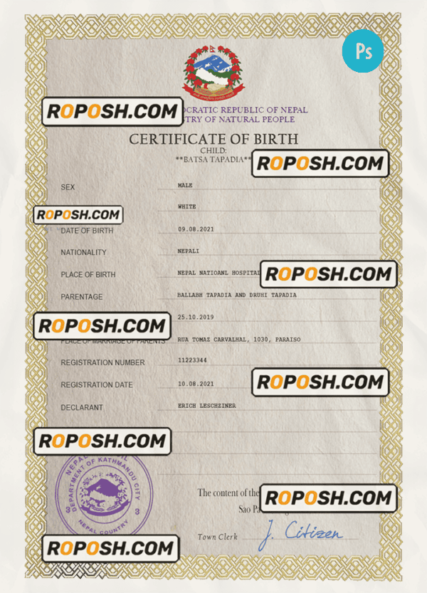 Nepal vital record birth certificate PSD template