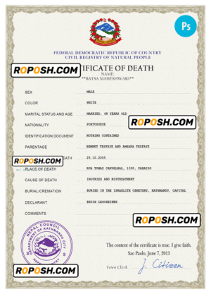 Nepal vital record death certificate PSD template, completely editable