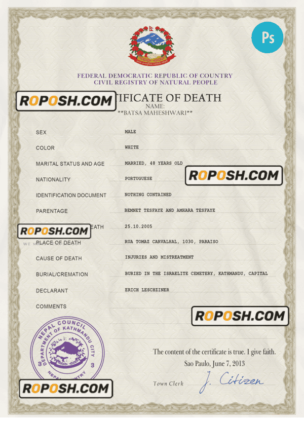 Nepal vital record death certificate PSD template, completely editable