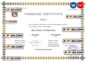 Nepal marriage certificate Word and PDF template, fully editable