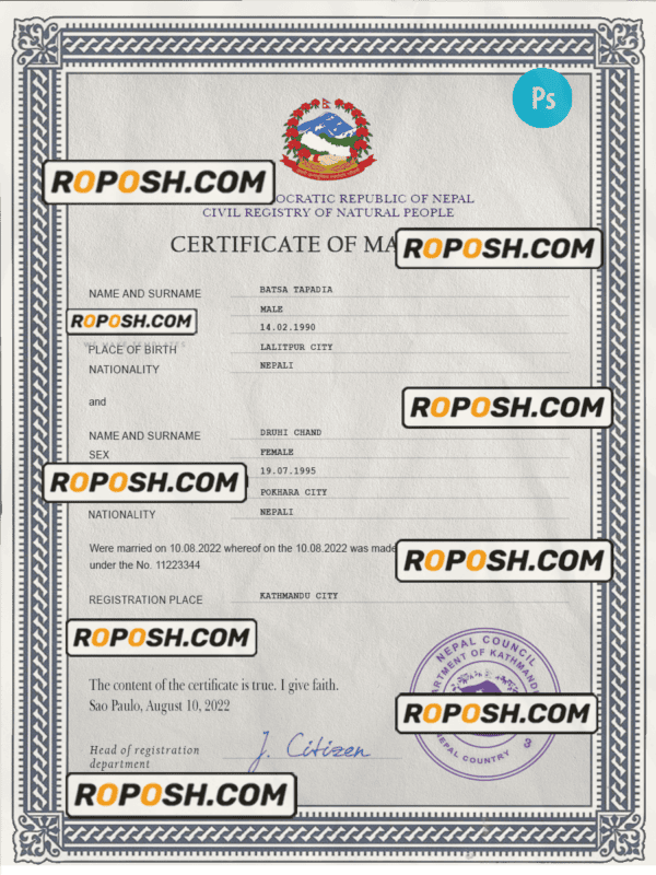 Nepal marriage certificate PSD template, completely editable