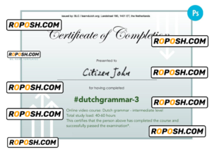 Netherlands language grammar certificate of completion PSD template, completely editable