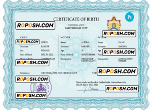 Netherlands vital record birth certificate PSD template, fully editable