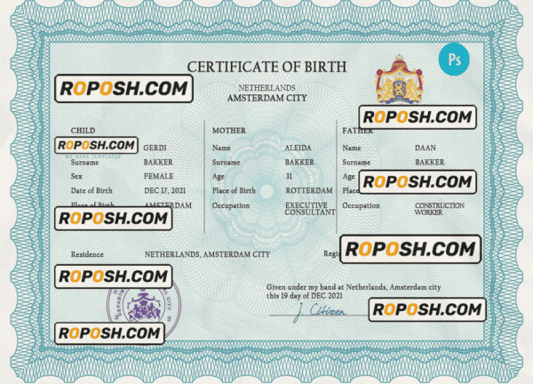 Netherlands vital record birth certificate PSD template, fully editable