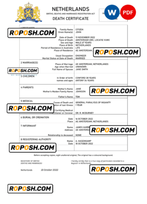 Netherlands vital record death certificate Word and PDF template
