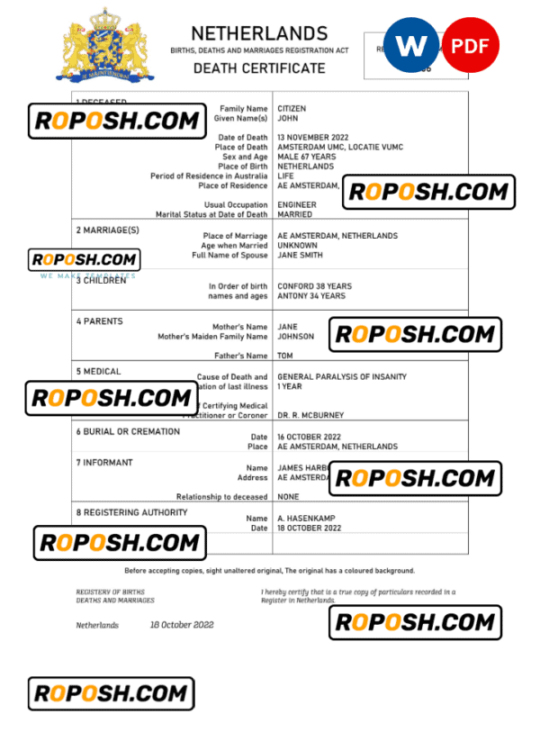Netherlands vital record death certificate Word and PDF template