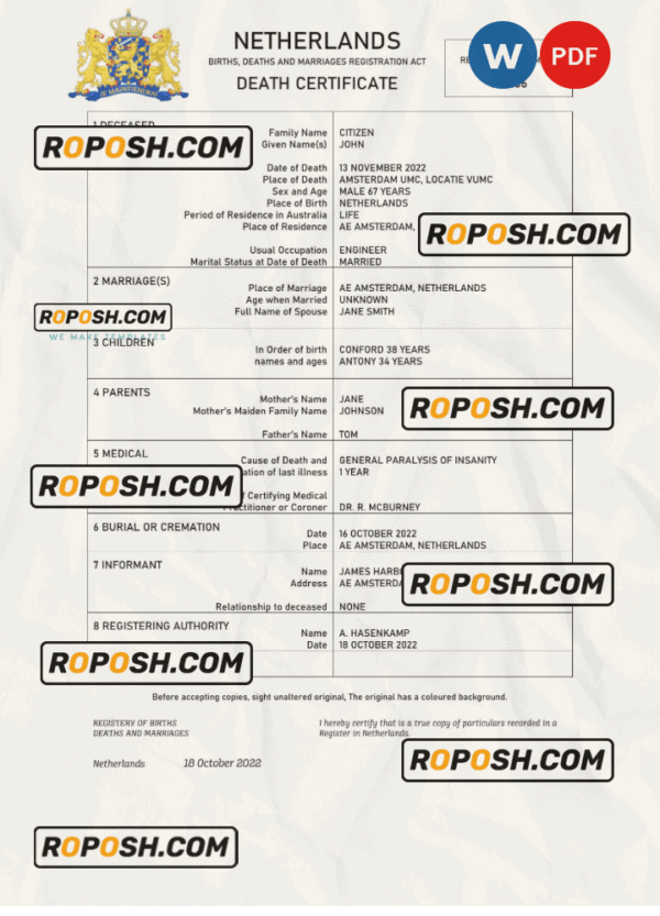 Netherlands vital record death certificate Word and PDF template