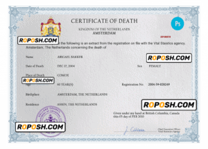 Netherlands death certificate PSD template, completely editable