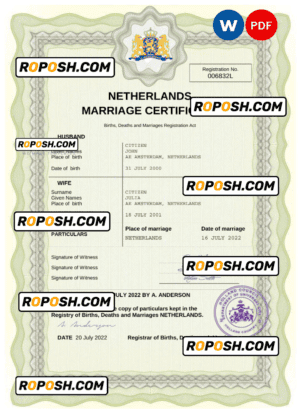 Netherlands marriage certificate Word and PDF template, fully editable