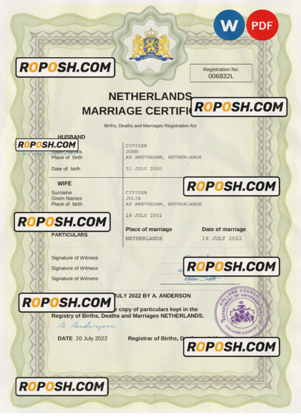 Netherlands marriage certificate Word and PDF template, fully editable scan effect
