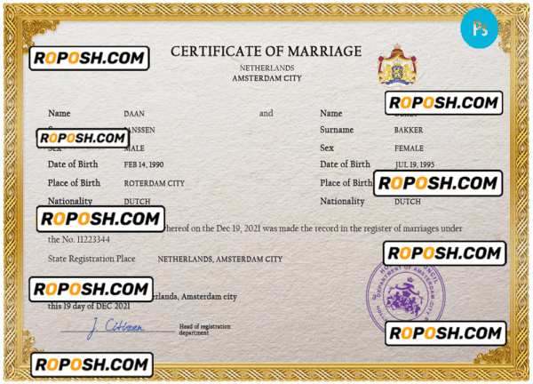 Netherlands marriage certificate PSD template, fully editable