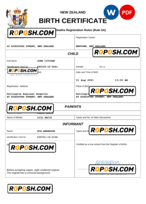 New Zealand birth certificate Word and PDF template, completely editable