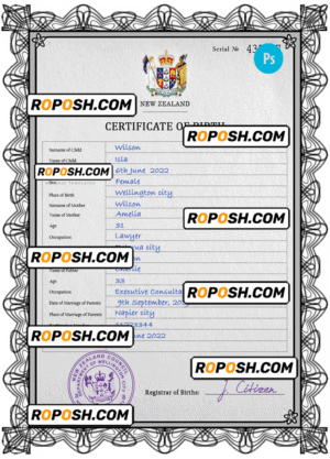 New Zealand birth certificate PSD template, completely editable