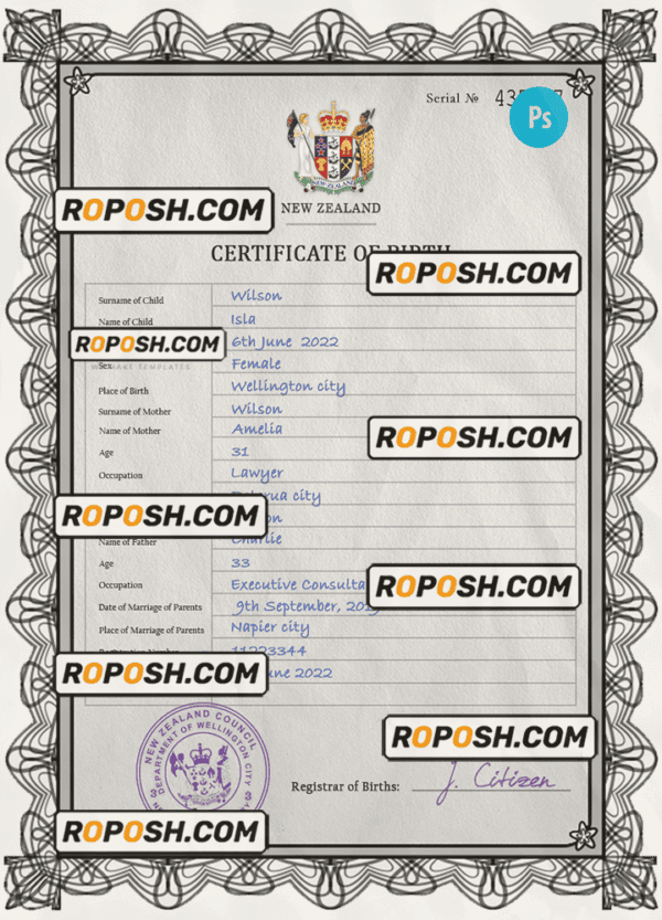 New Zealand birth certificate PSD template, completely editable