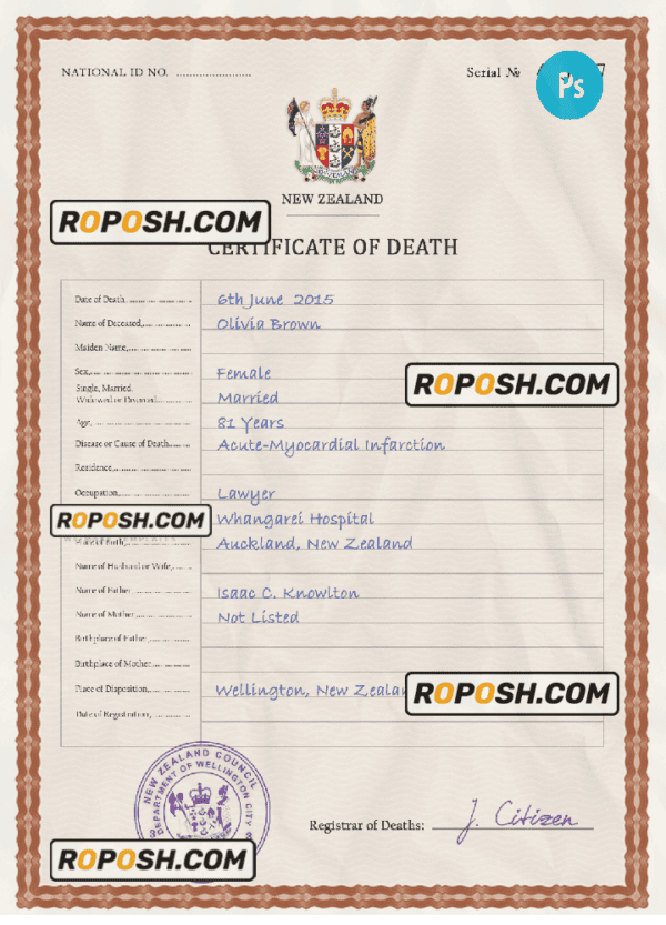New Zealand vital record death certificate PSD template